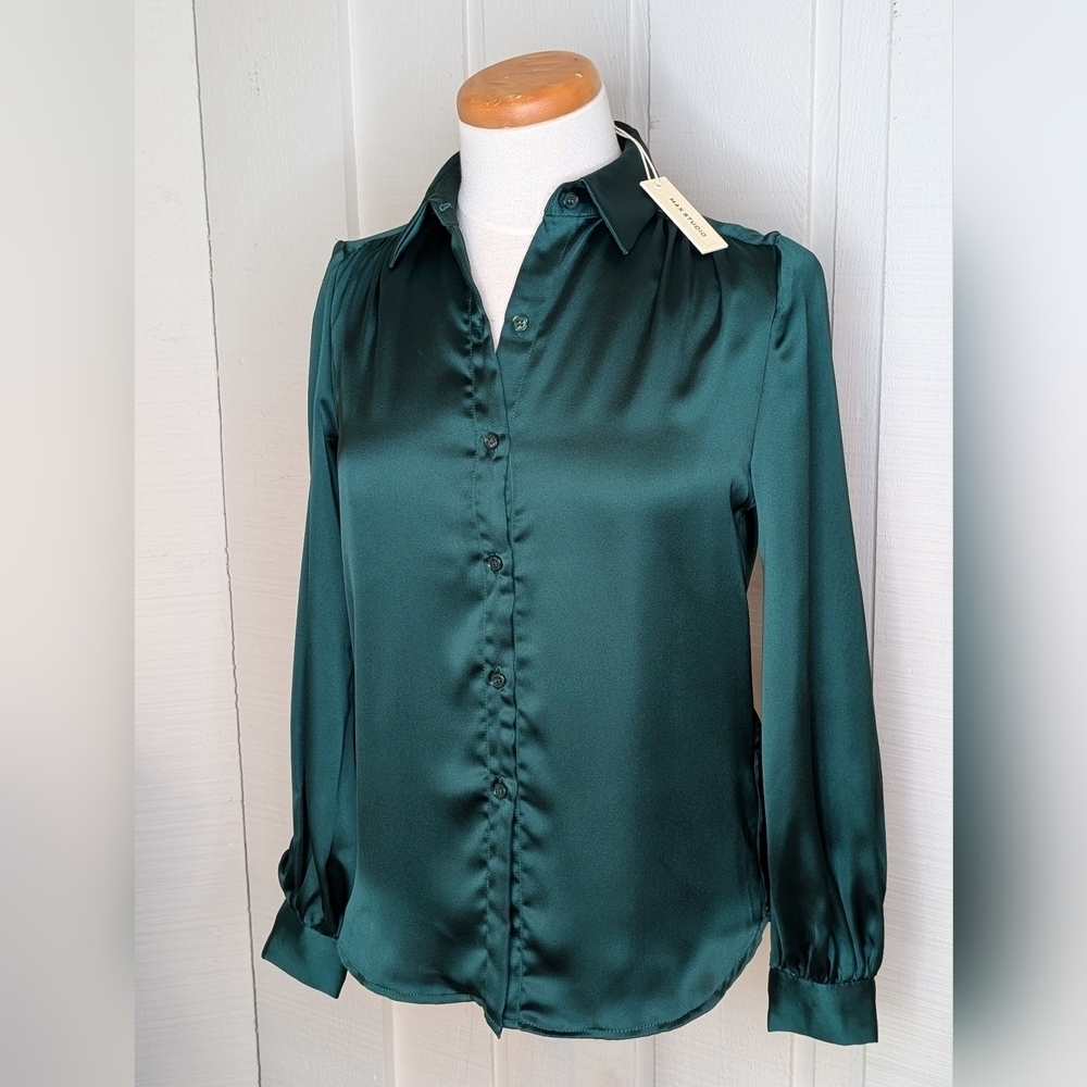 MAX STUDIO Emerald Green Blouse Polyester Women's Long Sleeve Size XS - Picture 4 of 17